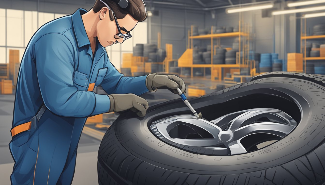 A tire technician inspecting a high-quality tire, surrounded by economic indicators and tools