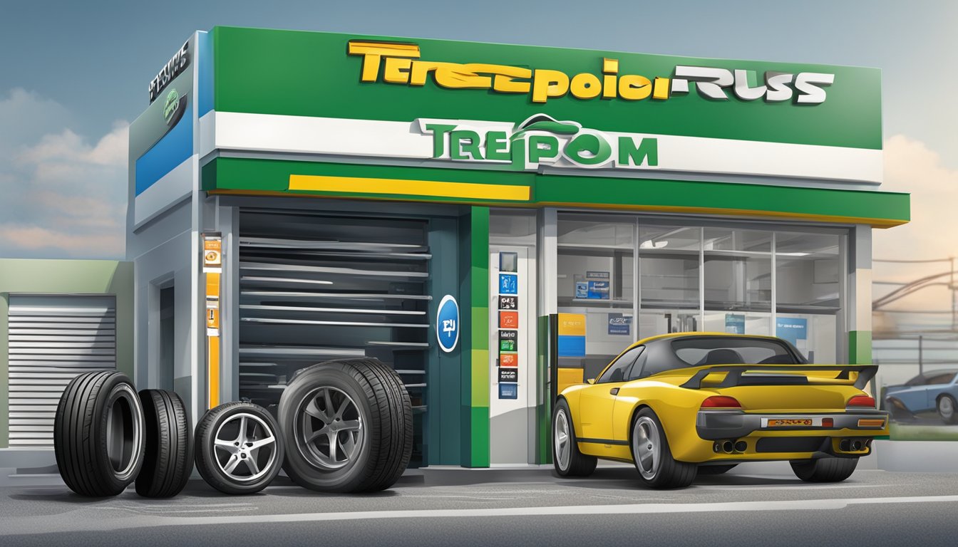 A tire shop with a sign "Onde Comprar Pneus Technic" and a display of "Pneu Technic é Bom" tires