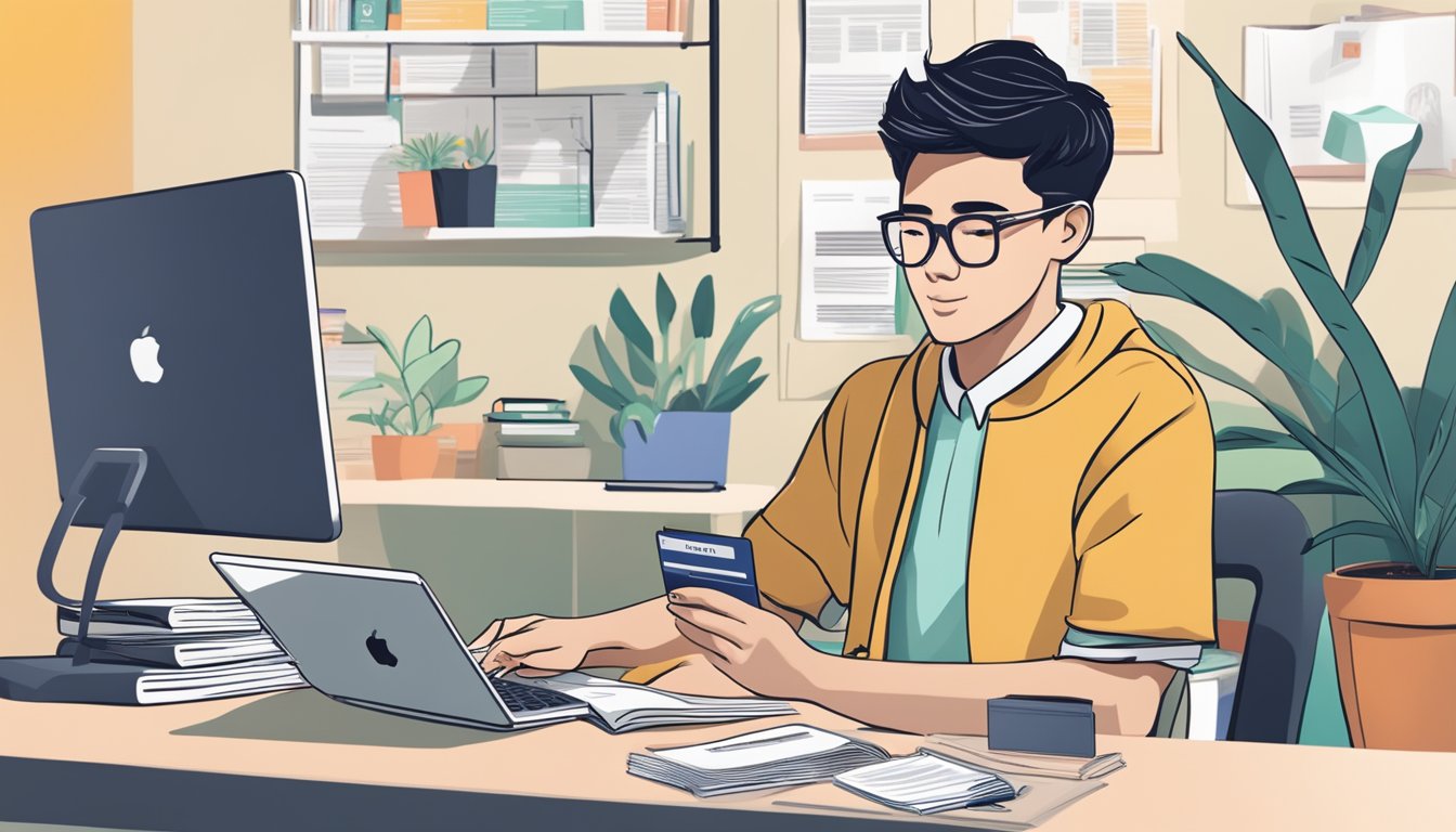 A student sitting at a desk, surrounded by textbooks and a laptop, holding a credit card while reading about the best student credit cards in Singapore