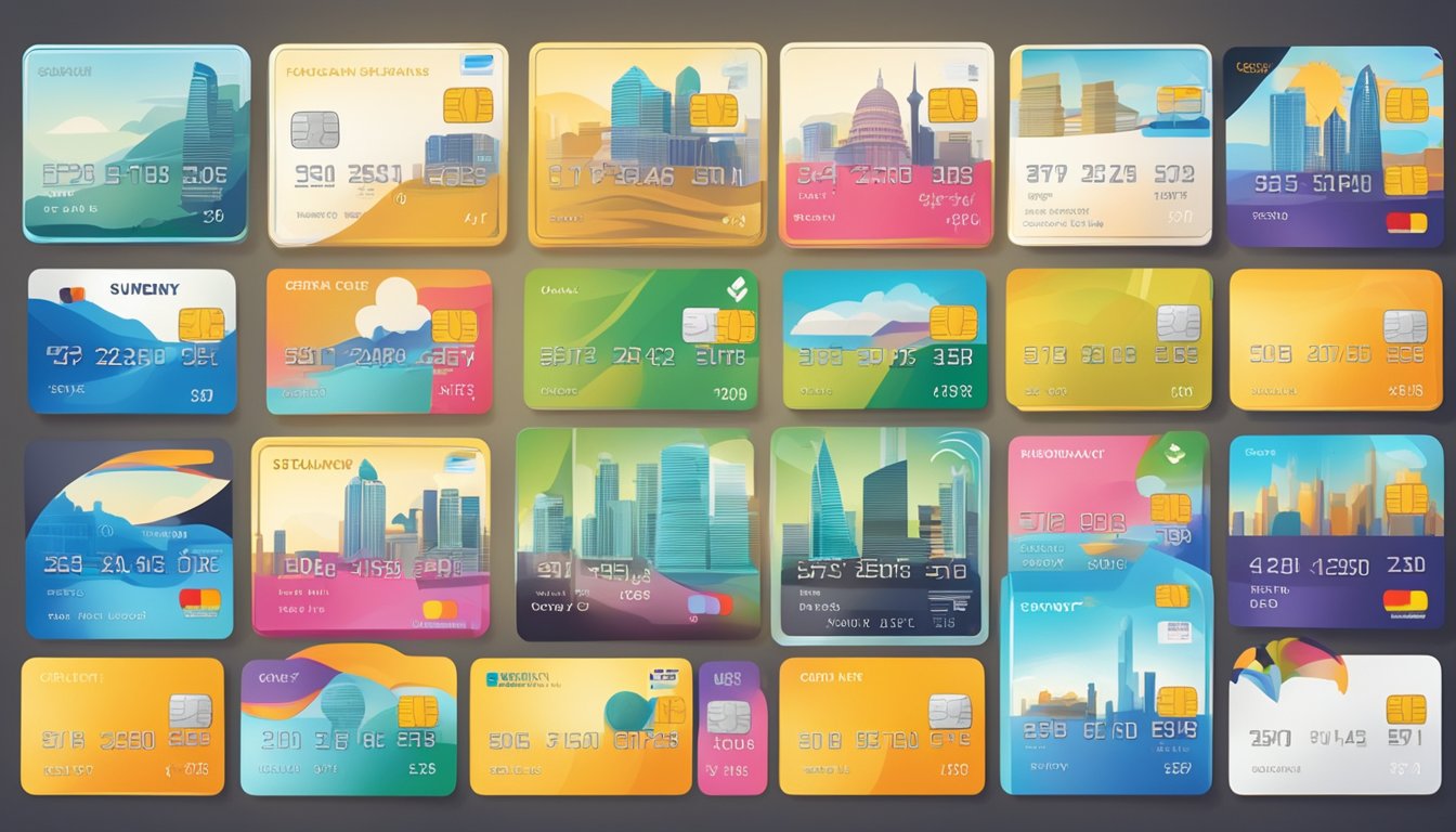 A stack of credit cards with "Student" labels, surrounded by a Singaporean skyline and educational symbols