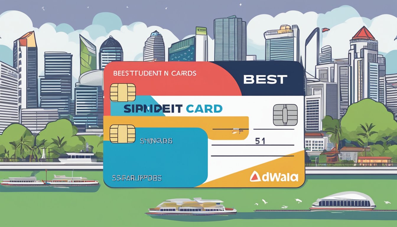 A stack of credit cards with Singaporean landmarks in the background. Text "Best Student Credit Cards in Singapore" displayed prominently
