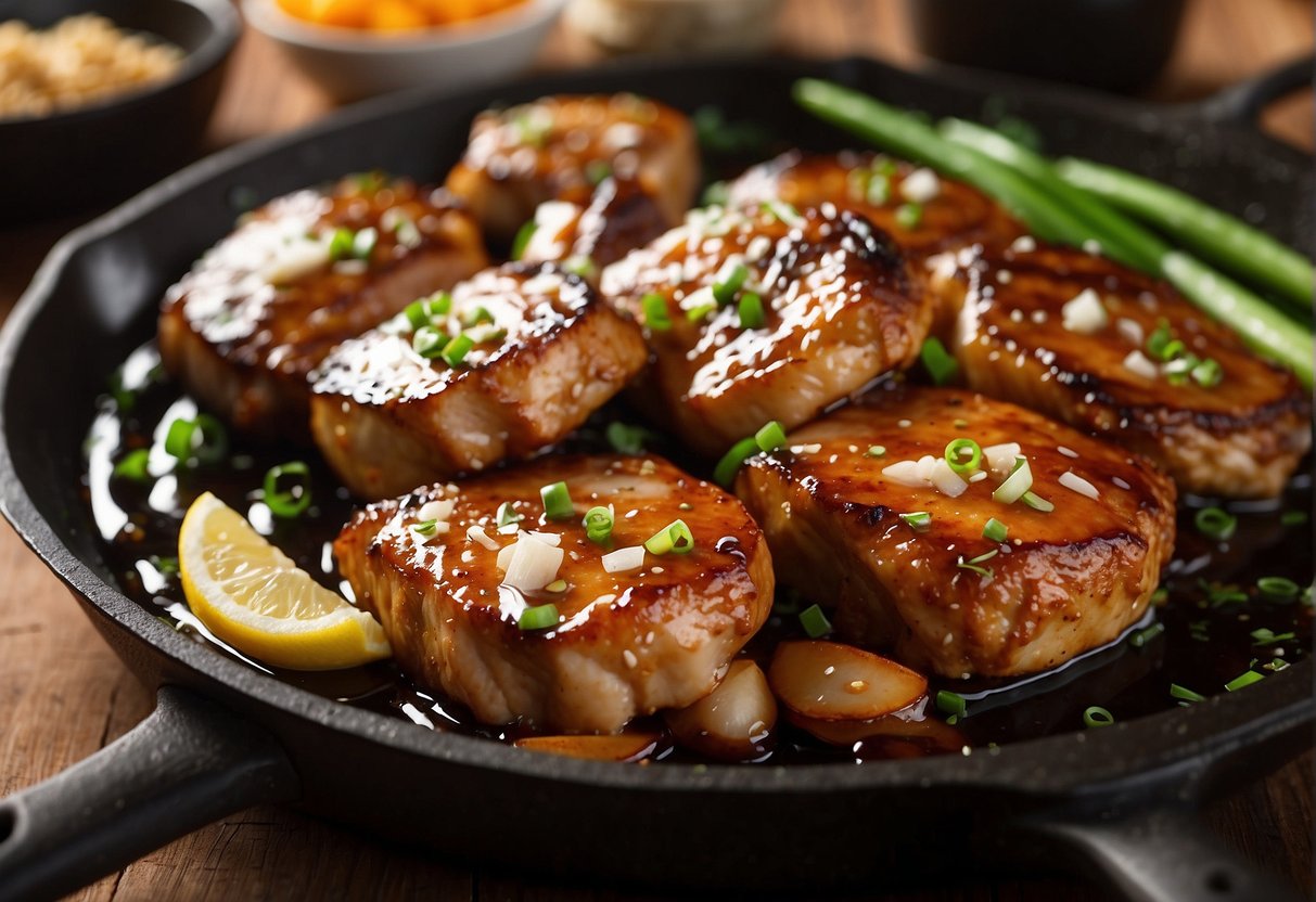 A sizzling skillet with marinated boneless chicken thighs, surrounded by aromatic garlic, ginger, and scallions. Soy sauce and hoisin glaze glistening on the tender meat