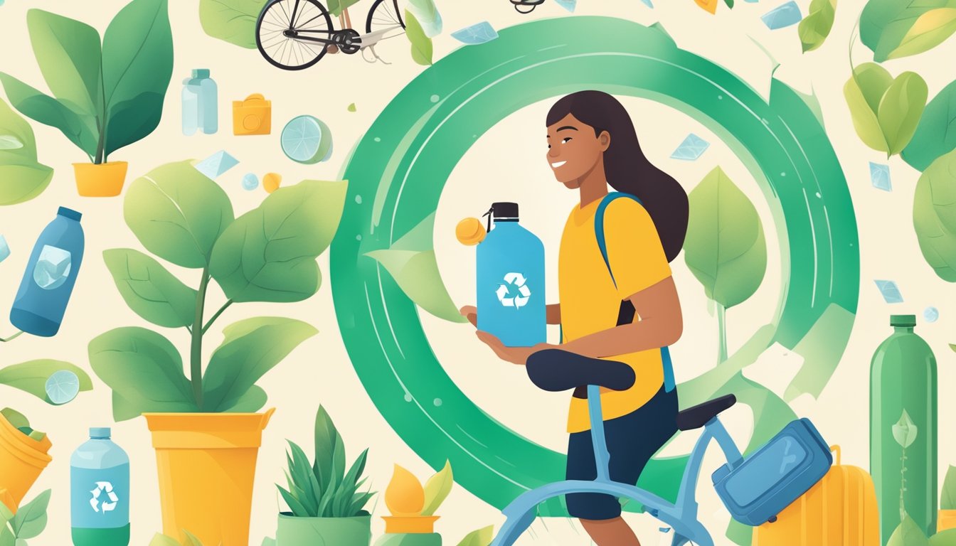 A student holding a credit card with a recycling symbol, surrounded by sustainable and eco-friendly elements like a reusable water bottle, a bike, and a plant