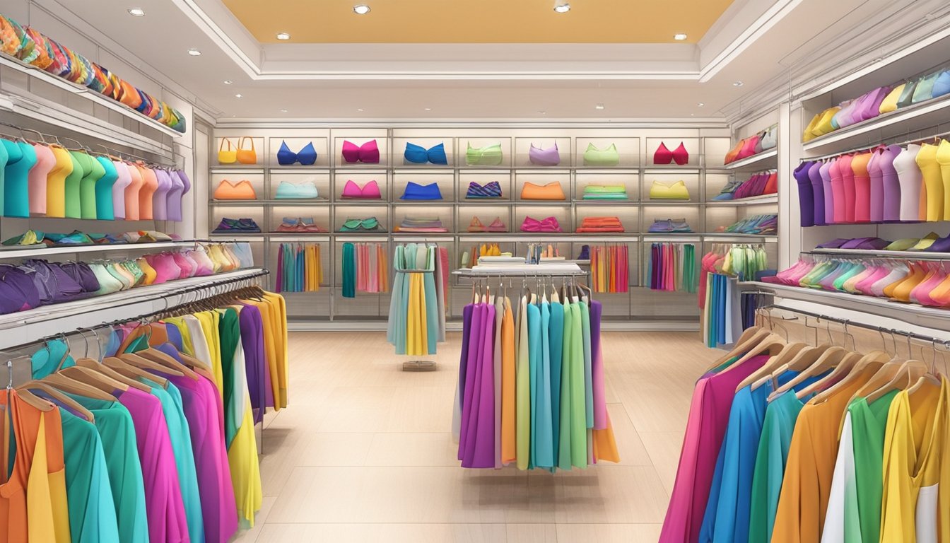 Vibrant display of bikinis in various styles and colors at a trendy boutique in Singapore. Mannequins showcase the latest swimwear, while shelves are filled with an array of options