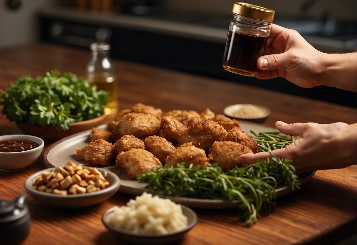 A hand reaching for fresh ginger, garlic, and soy sauce on a kitchen counter, with a package of boneless chicken thighs nearby