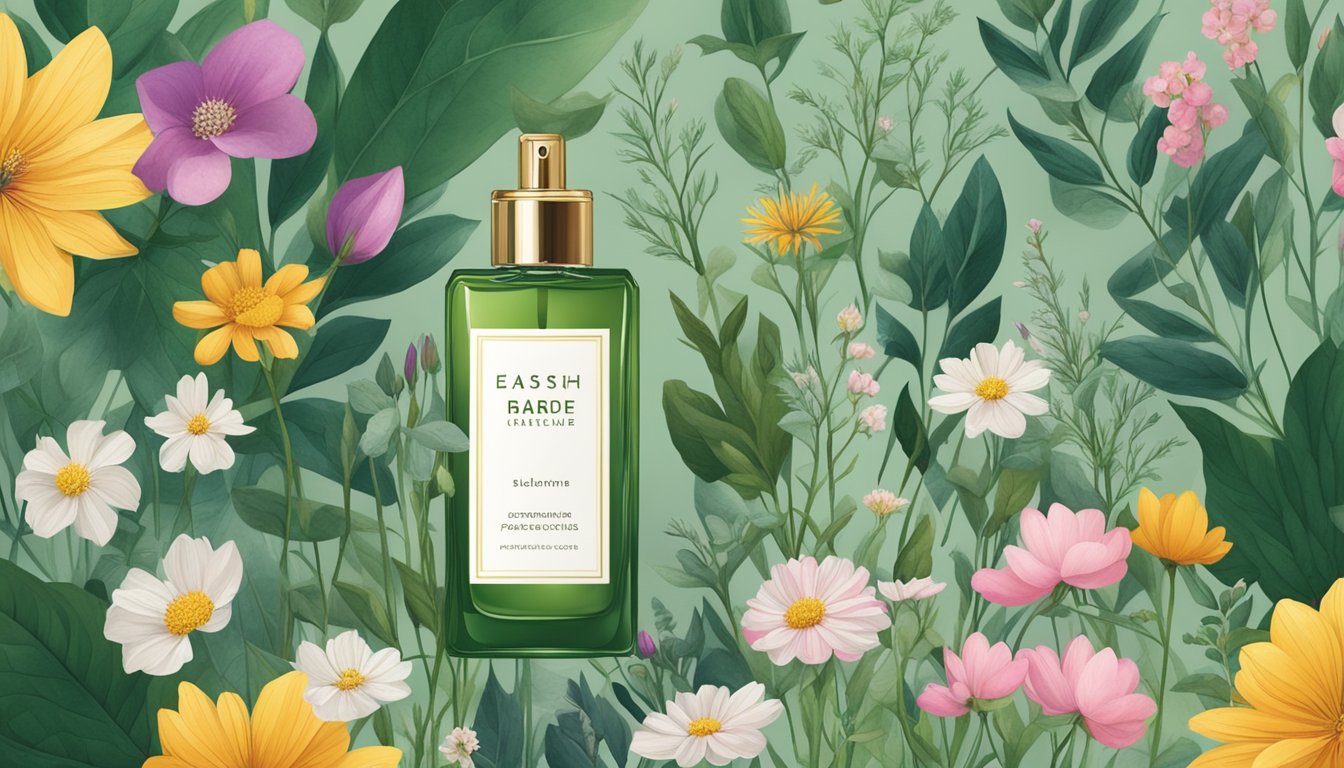 A lush garden with blooming flowers and herbs, surrounded by eco-friendly packaging and natural ingredients, symbolizing sustainable perfume brands