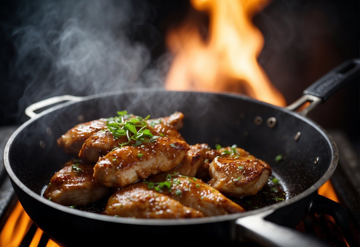Chinese boneless chicken thighs sizzling in a wok with garlic, ginger, and soy sauce. Steam rises as the chicken cooks over high heat