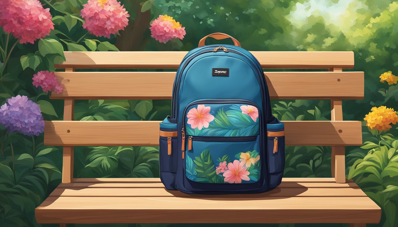 A Supreme brand backpack sits on a wooden bench in a sunlit park, surrounded by lush greenery and colorful flowers