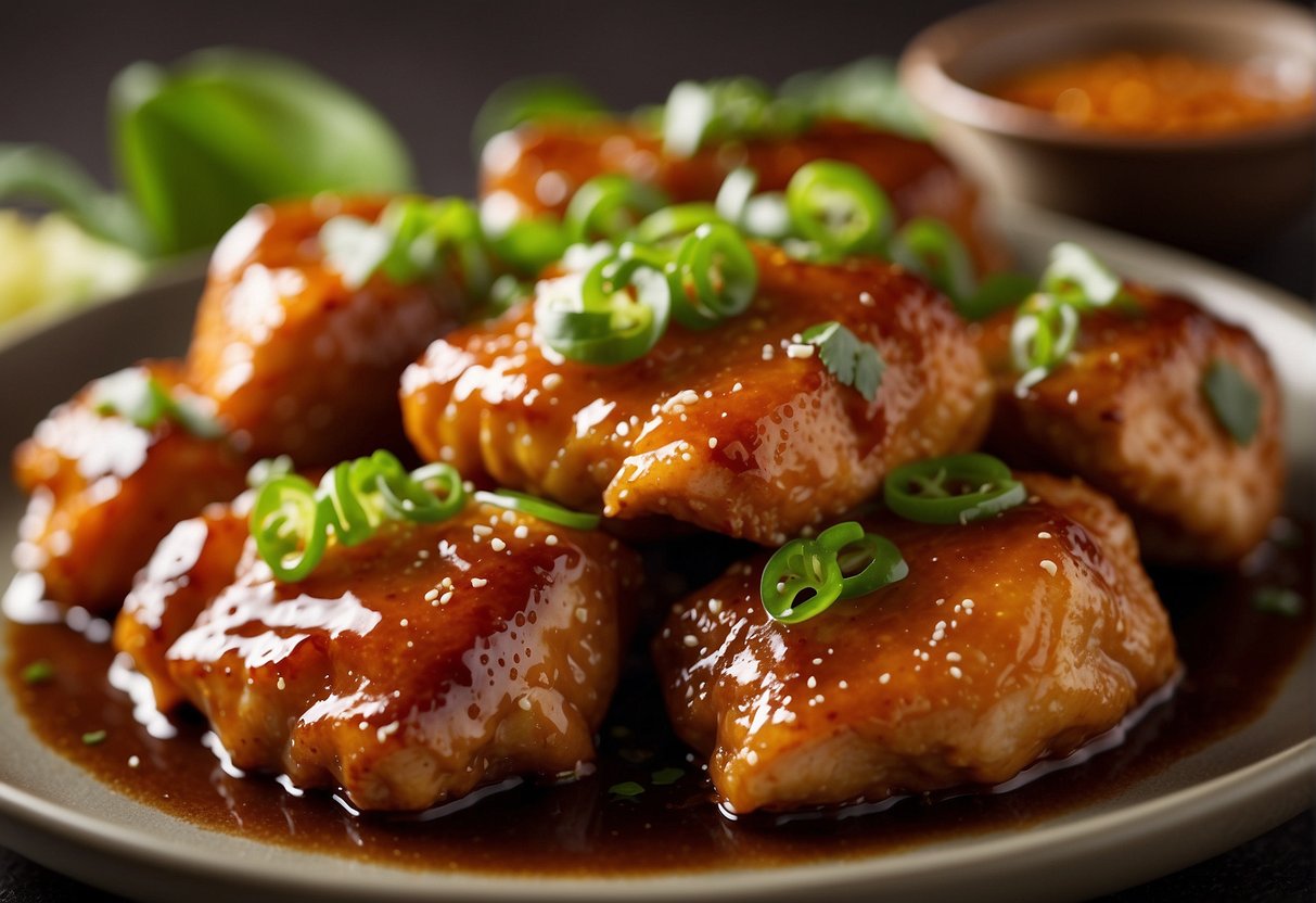 Chinese boneless chicken thighs are coated in a variety of sauces and glazes, creating a colorful and flavorful dish