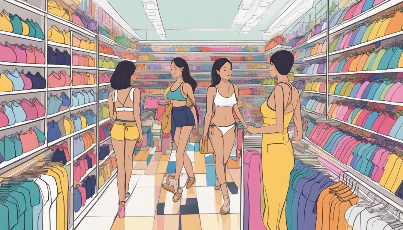 Shoppers browse racks of colorful bikinis in a modern, well-lit store in Singapore, with helpful staff and a wide selection of swimwear