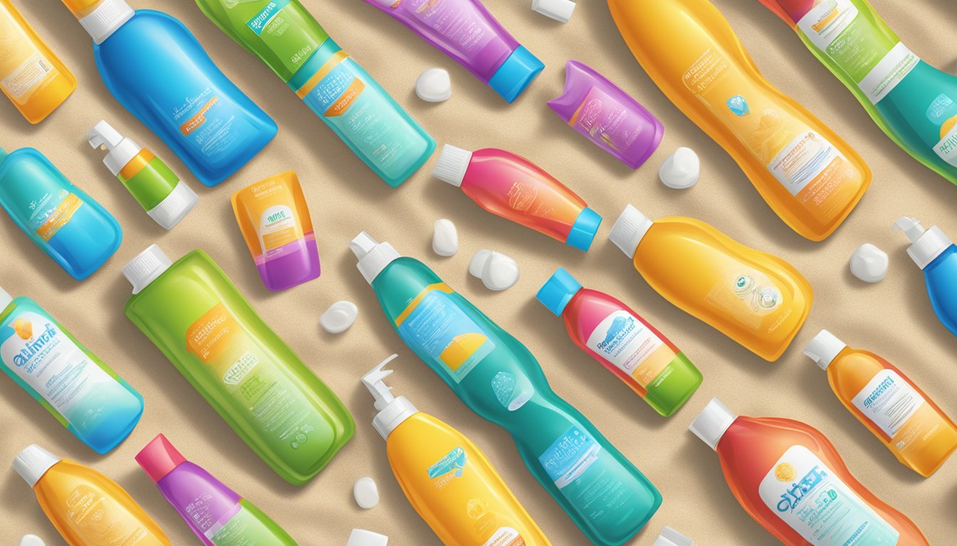 A colorful array of sunscreen bottles, with prominent labels displaying oxybenzone as a key ingredient, lined up on a sandy beach towel