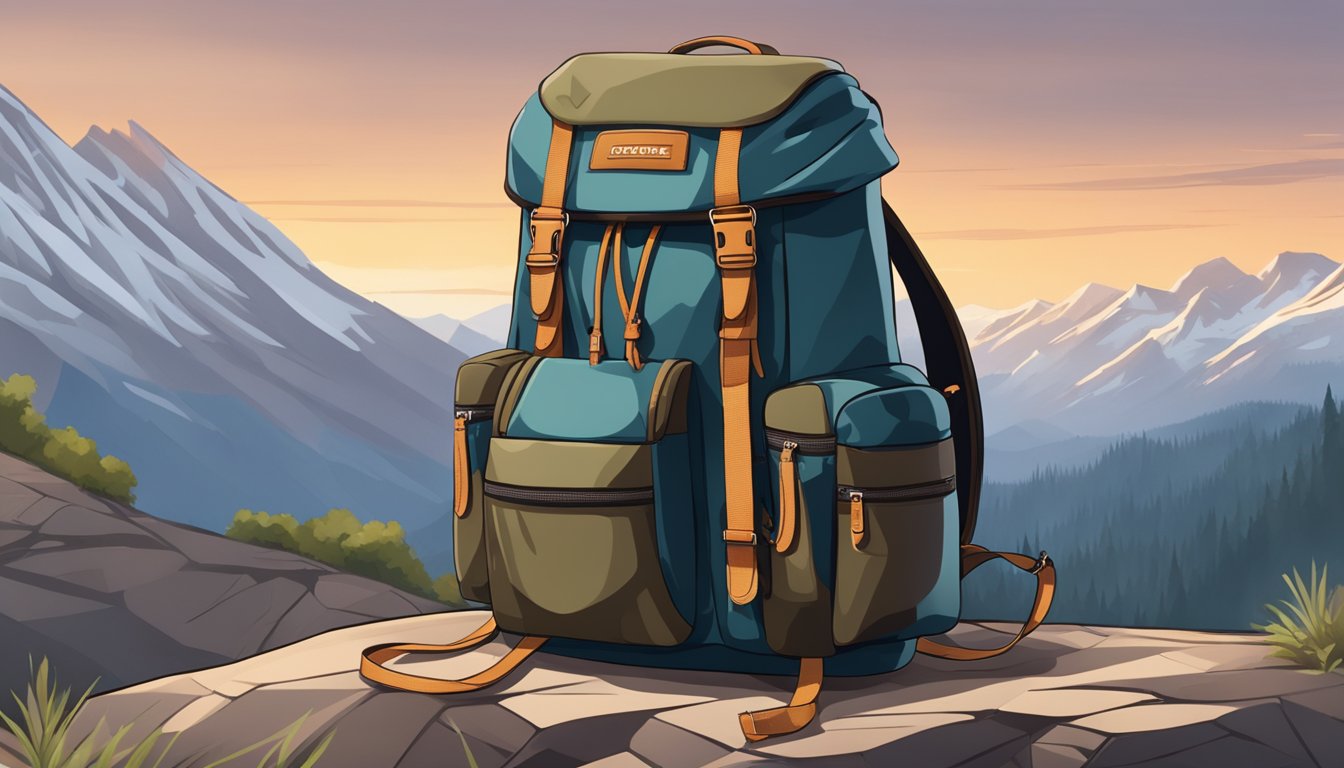A sleek, modern backpack stands tall against a rugged mountain backdrop, showcasing its supreme design and durability