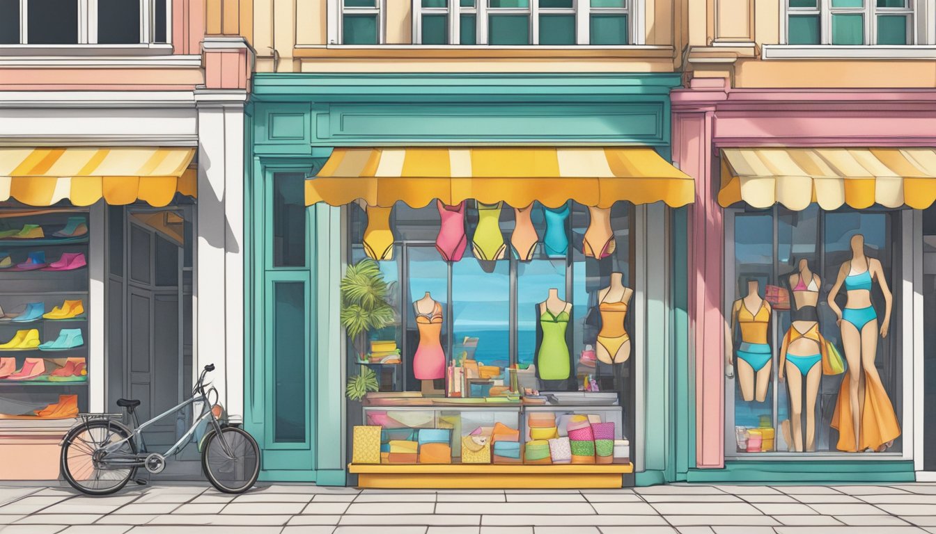 A beach scene with a colorful display of bikinis in a storefront window in Singapore