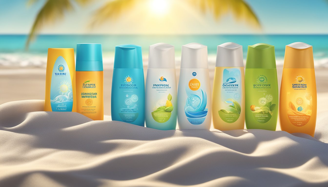 Various sunscreen bottles lined up on a beach towel, with the sun shining in the background