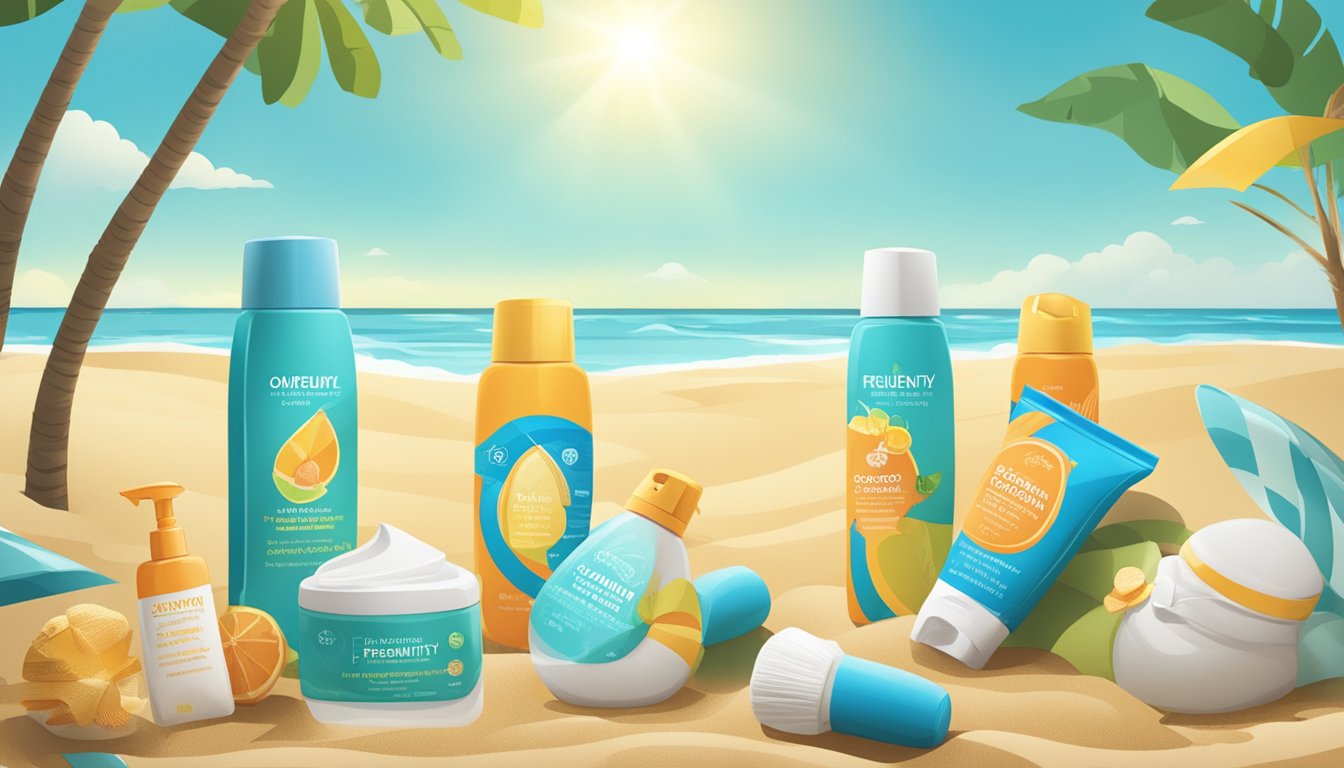 A beach scene with various sunscreen bottles labeled "Frequently Asked Questions" and "oxybenzone" displayed prominently