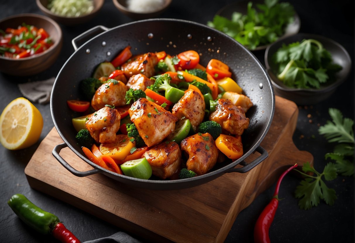 A sizzling wok with marinated boneless chicken thighs, surrounded by colorful vegetables and aromatic spices