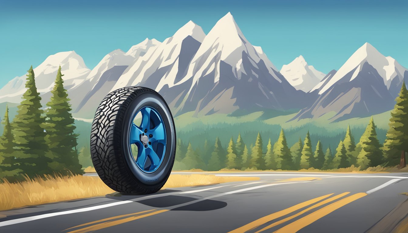A tire with the Maggion logo sits on a rugged road, surrounded by mountains and trees under a bright blue sky
