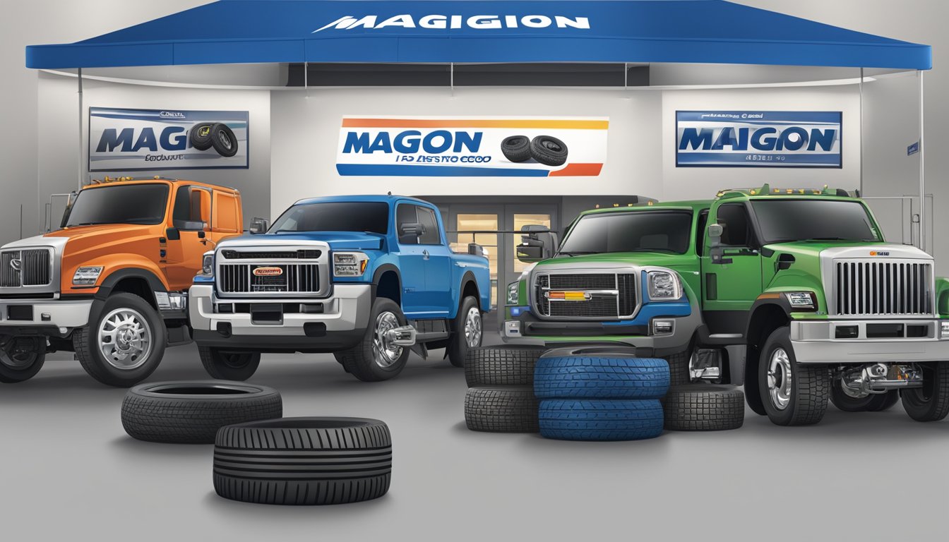 A variety of Maggion tire products displayed with a "Maggion is good" slogan