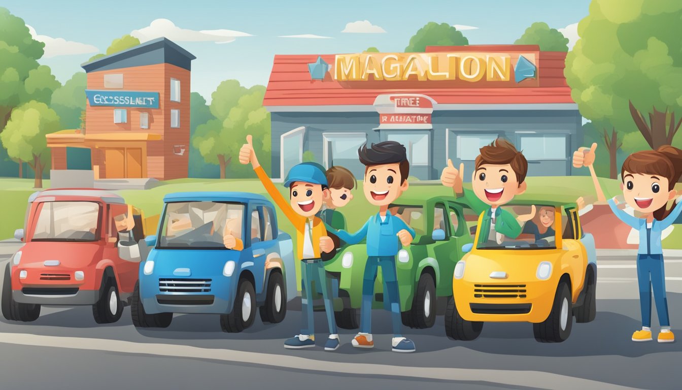 A group of happy consumers giving a thumbs-up to a high-quality Maggion tire, with positive reviews and ratings displayed in the background