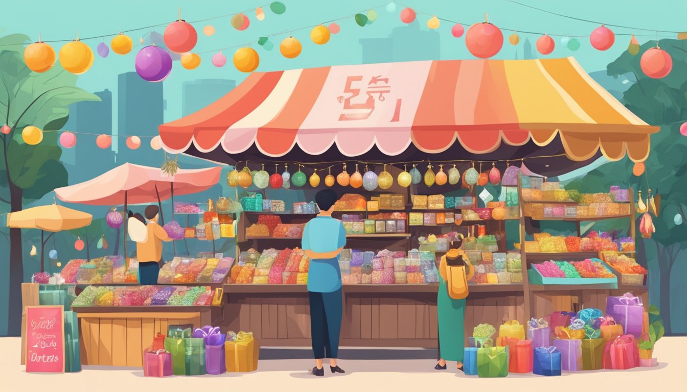 A bustling market stall displays an array of glittering trinkets and baubles, with colorful signs advertising discounted prices in Singapore