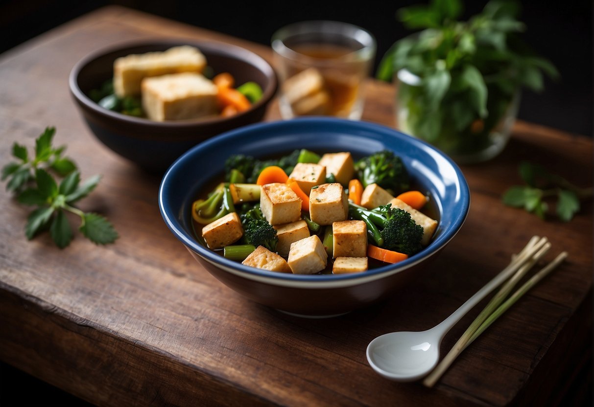 Two place settings on a simple wooden table with steaming bowls of stir-fried vegetables and savory tofu, accompanied by a pot of jasmine tea