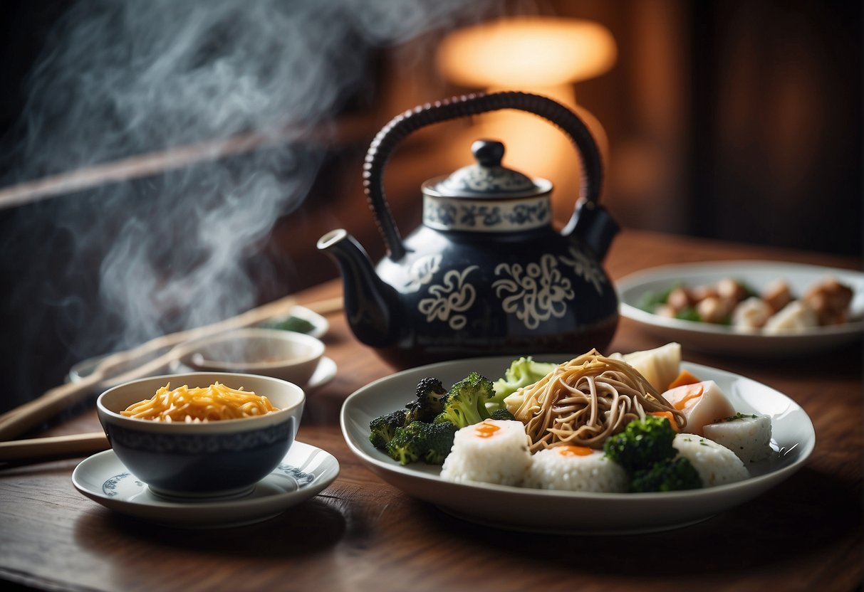 A table set with traditional Chinese dishes, chopsticks, and a teapot. Steam rises from the hot dishes, creating an inviting and appetizing scene