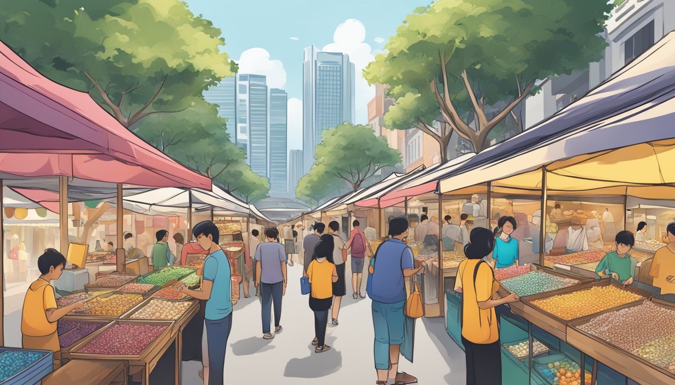 A bustling street market in Singapore, with colorful stalls displaying a wide variety of affordable jewelry. Shoppers browse through the selection, while vendors eagerly showcase their latest designs