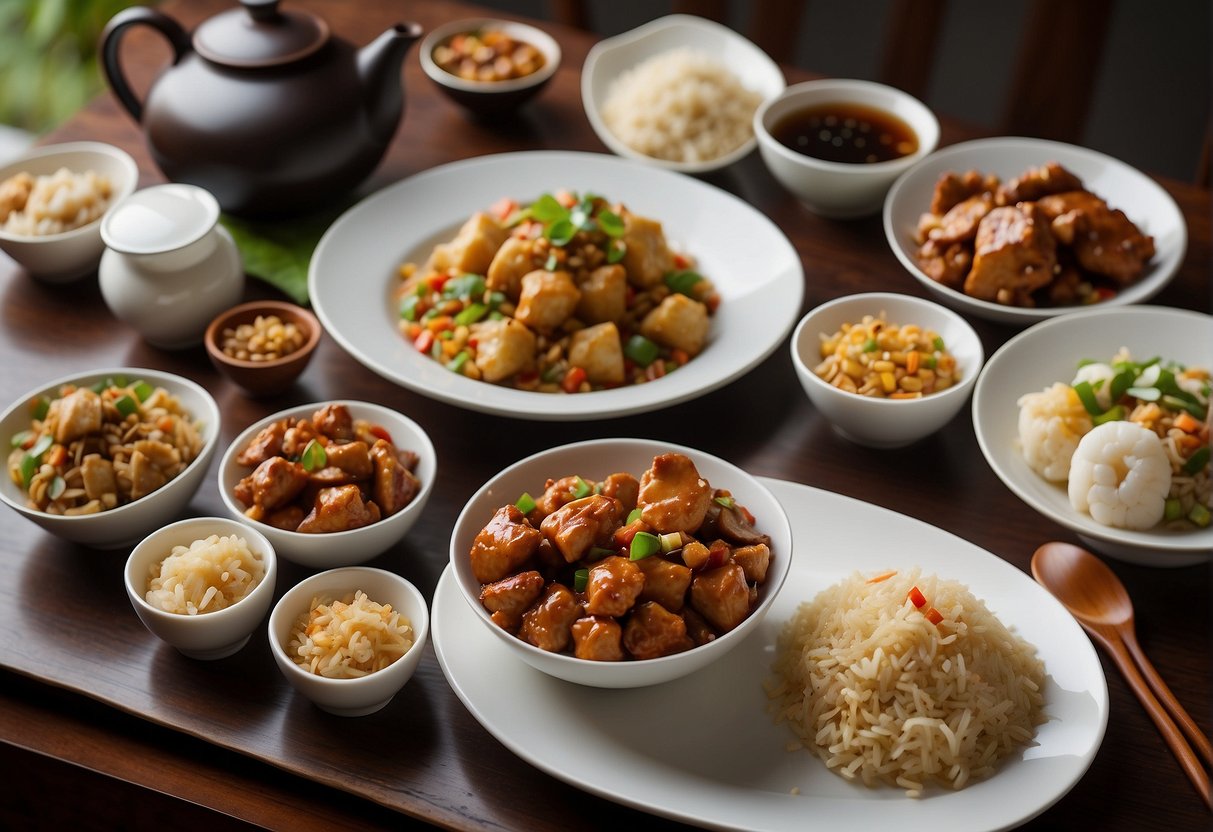 A table set with a variety of popular Chinese dishes, including Kung Pao chicken, fried rice, and dumplings, with chopsticks and a teapot nearby