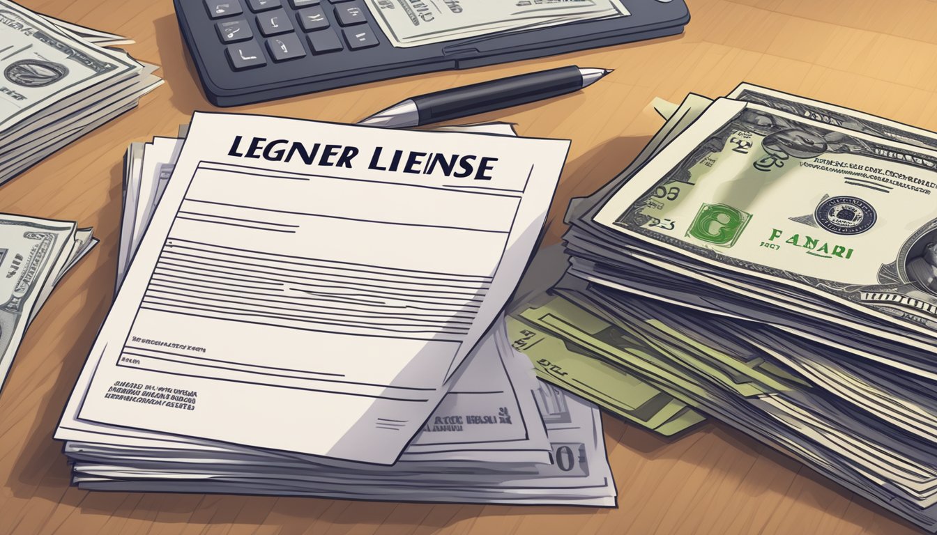 A stack of legal documents and a government-issued license displayed on a desk with a money lender sign in the background