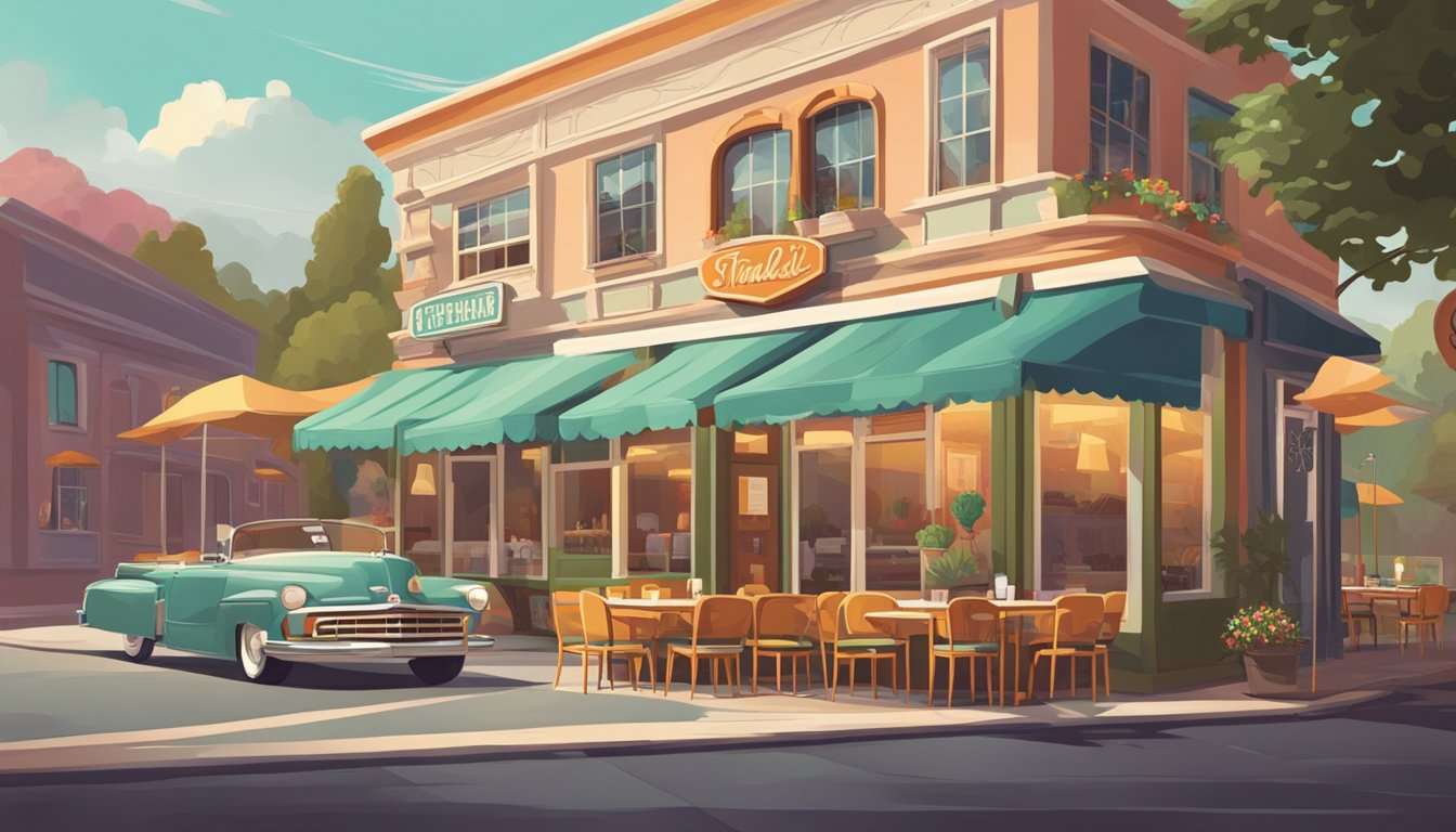 A vintage-inspired restaurant with a retro sign, colorful facade, and outdoor seating. The interior features a cozy, nostalgic ambiance with retro decor and old-fashioned furnishings