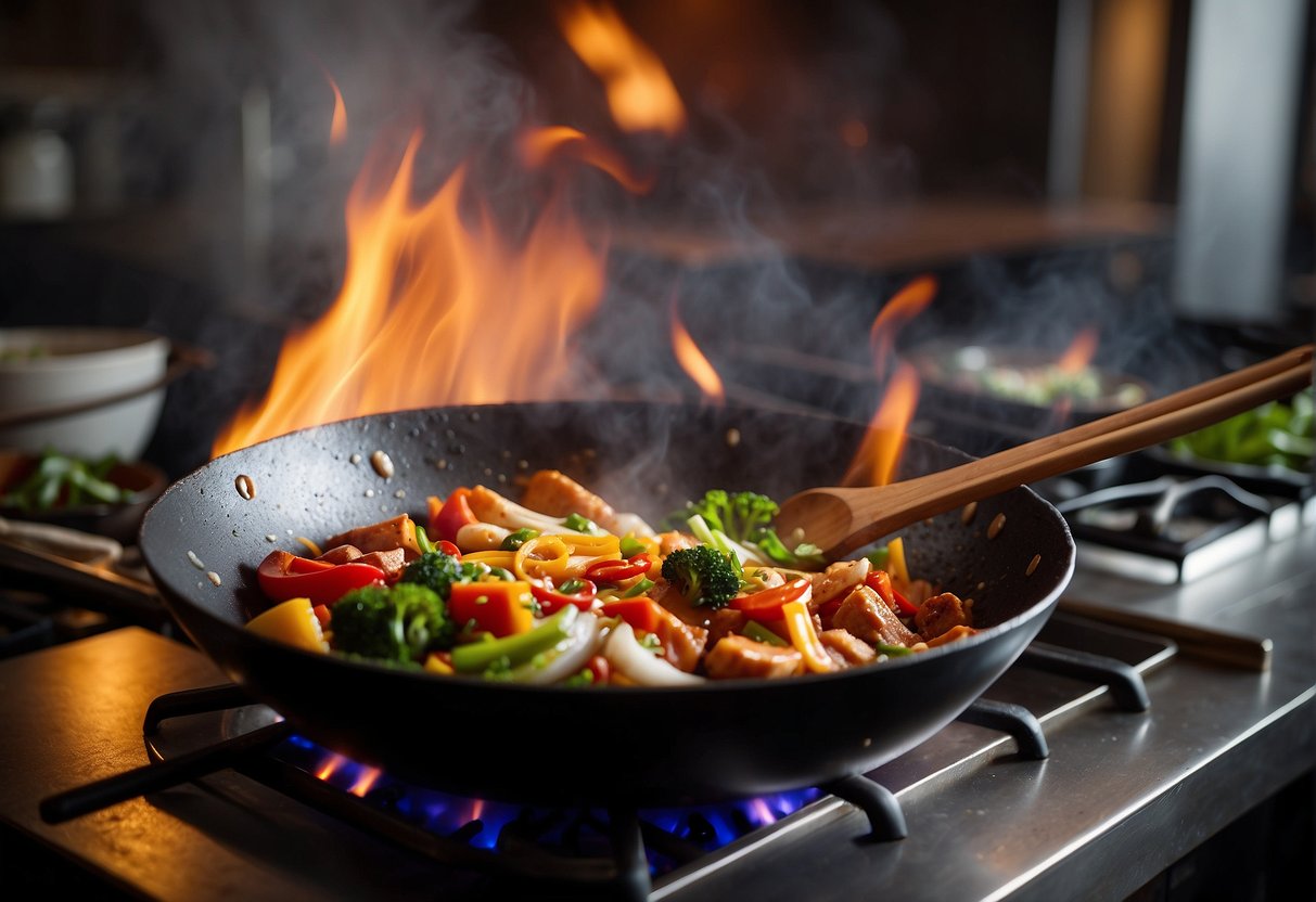 A wok sizzles over a hot flame, as ingredients are tossed and stir-fried. Aromatic spices and sauces are added, filling the air with mouthwatering scents