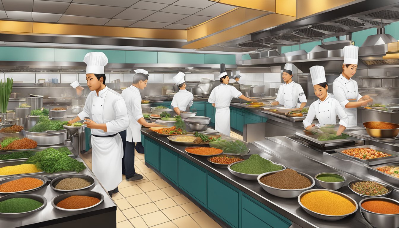 The bustling kitchen of Culinary Delights sinpopo brand restaurant, with chefs expertly preparing traditional Asian dishes amidst a colorful array of spices and ingredients