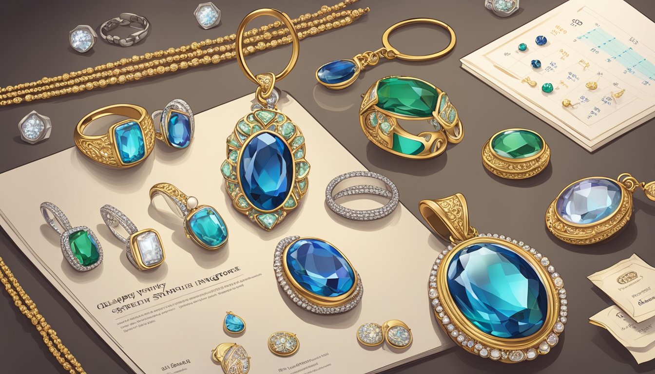 A display of intricate jewelry with price tags, accompanied by a magnifying glass and a quality grading chart. A sign reads "Cheap Jewelry in Singapore."