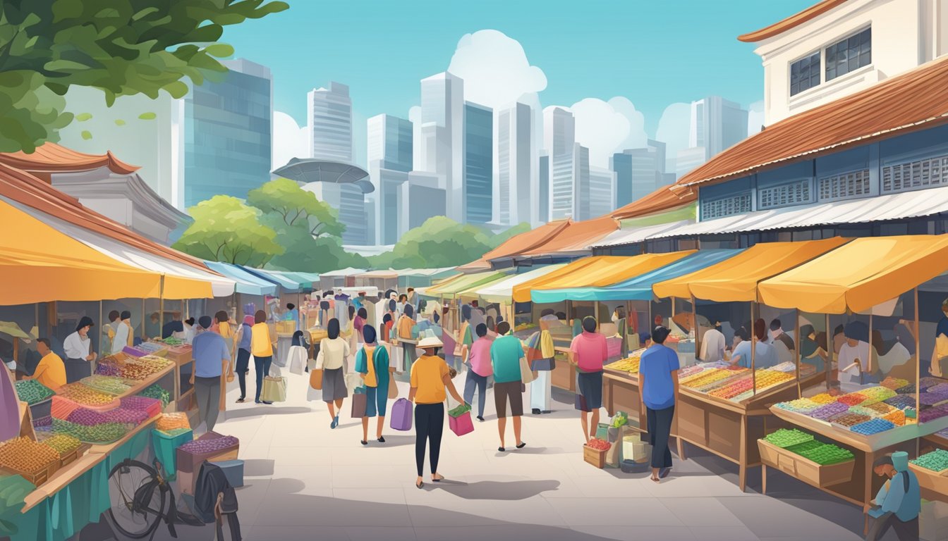A bustling marketplace in Singapore, with colorful stalls and vendors selling affordable jewelry to eager customers