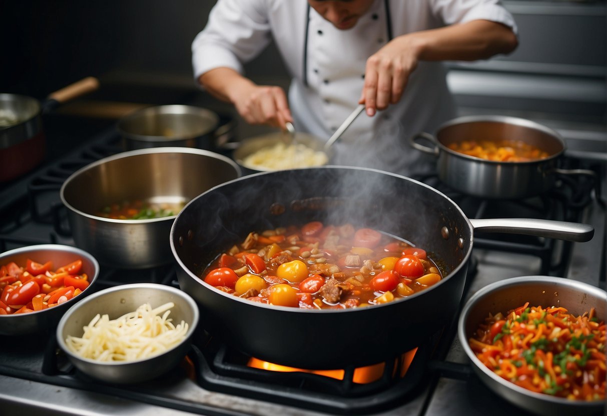 A pot simmering on a stove with ingredients like tomatoes, cabbage, and beef, while a chef adds in traditional Chinese seasonings