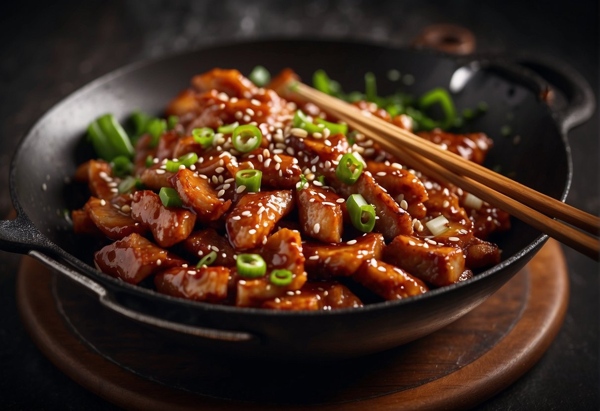 A sizzling wok filled with marinated pork strips, coated in a sticky, sweet and savory Chinese sauce, garnished with sesame seeds and sliced scallions