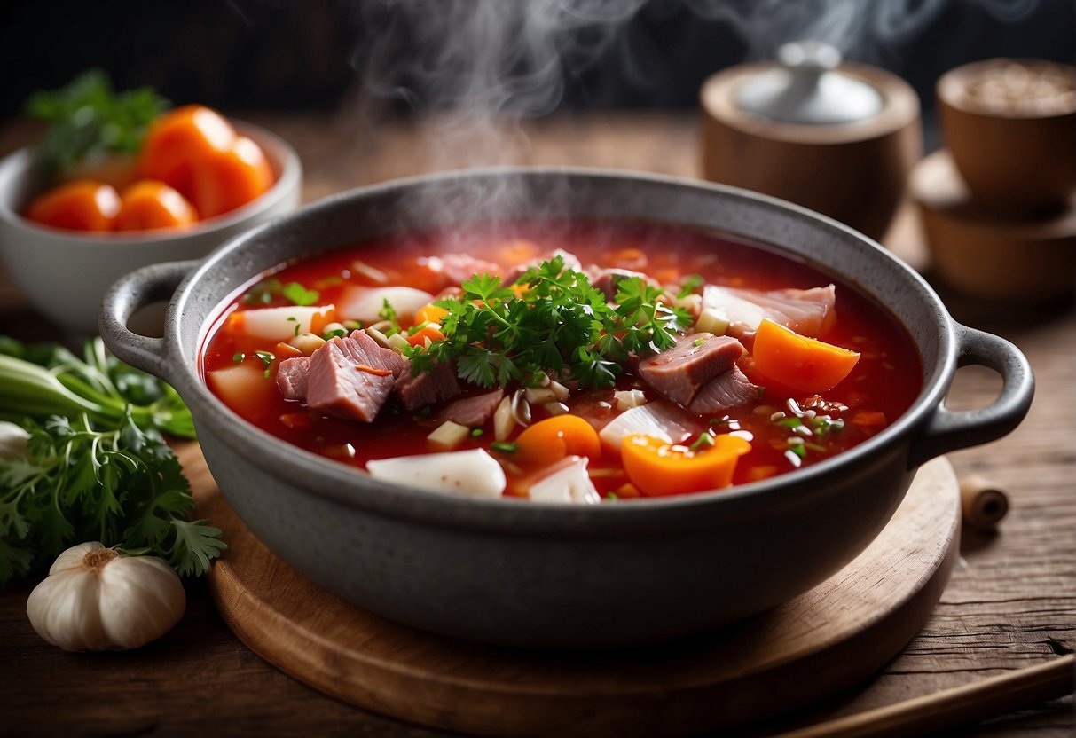 A steaming pot of Chinese borscht soup with vibrant vegetables, tender pieces of meat, and fragrant herbs, set on a rustic wooden table