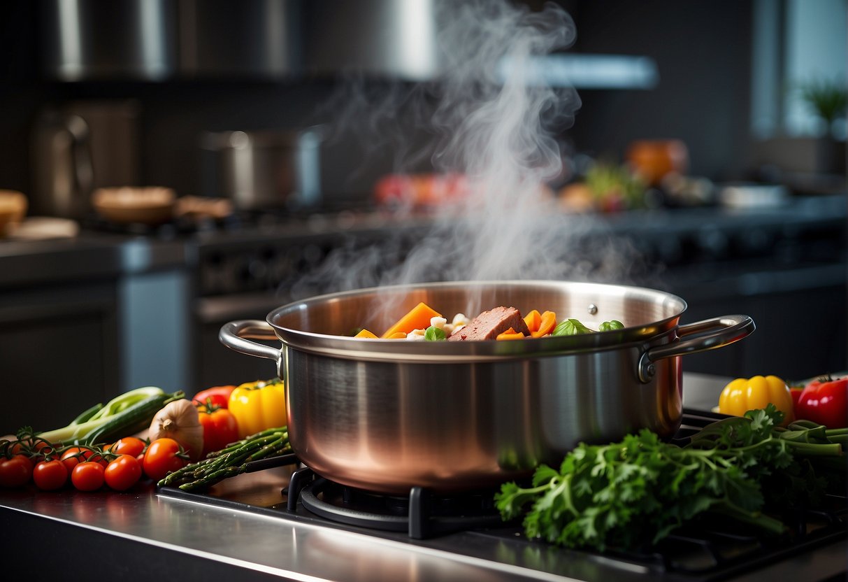 A pot simmers on a stovetop, filled with vibrant red broth and a colorful array of vegetables and meats. Steam rises as the chef adds a blend of aromatic spices and herbs to the bubbling concoction