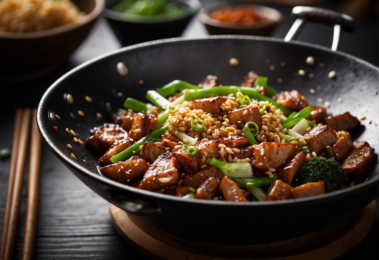 A wok sizzles with marinated pork, soy sauce, and spices, creating a savory aroma. Chopped scallions and sesame seeds garnish the dish