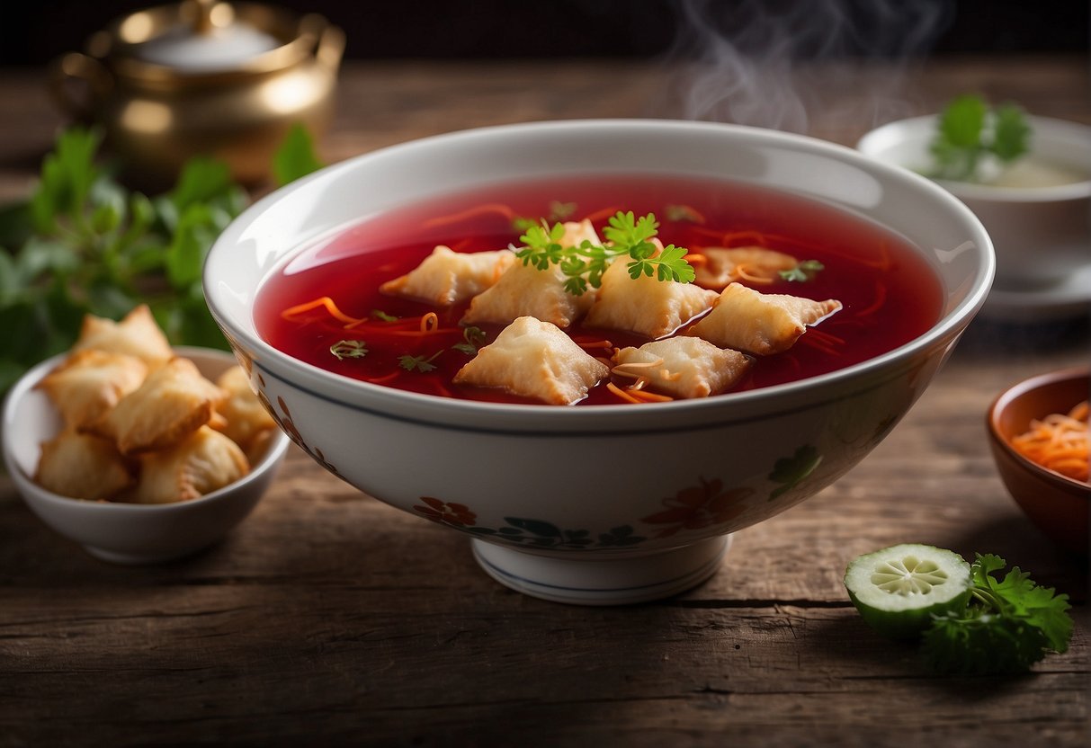 A steaming bowl of Chinese borscht soup sits on a rustic wooden table, accompanied by a side of crispy fried wontons and a pot of fragrant jasmine tea