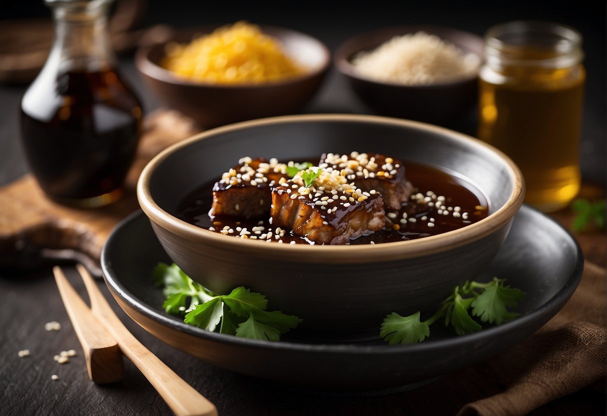 A bowl of soy sauce, hoisin sauce, honey, garlic, and ginger next to a plate of boneless spare ribs. A jar of sesame oil and cornstarch on the side