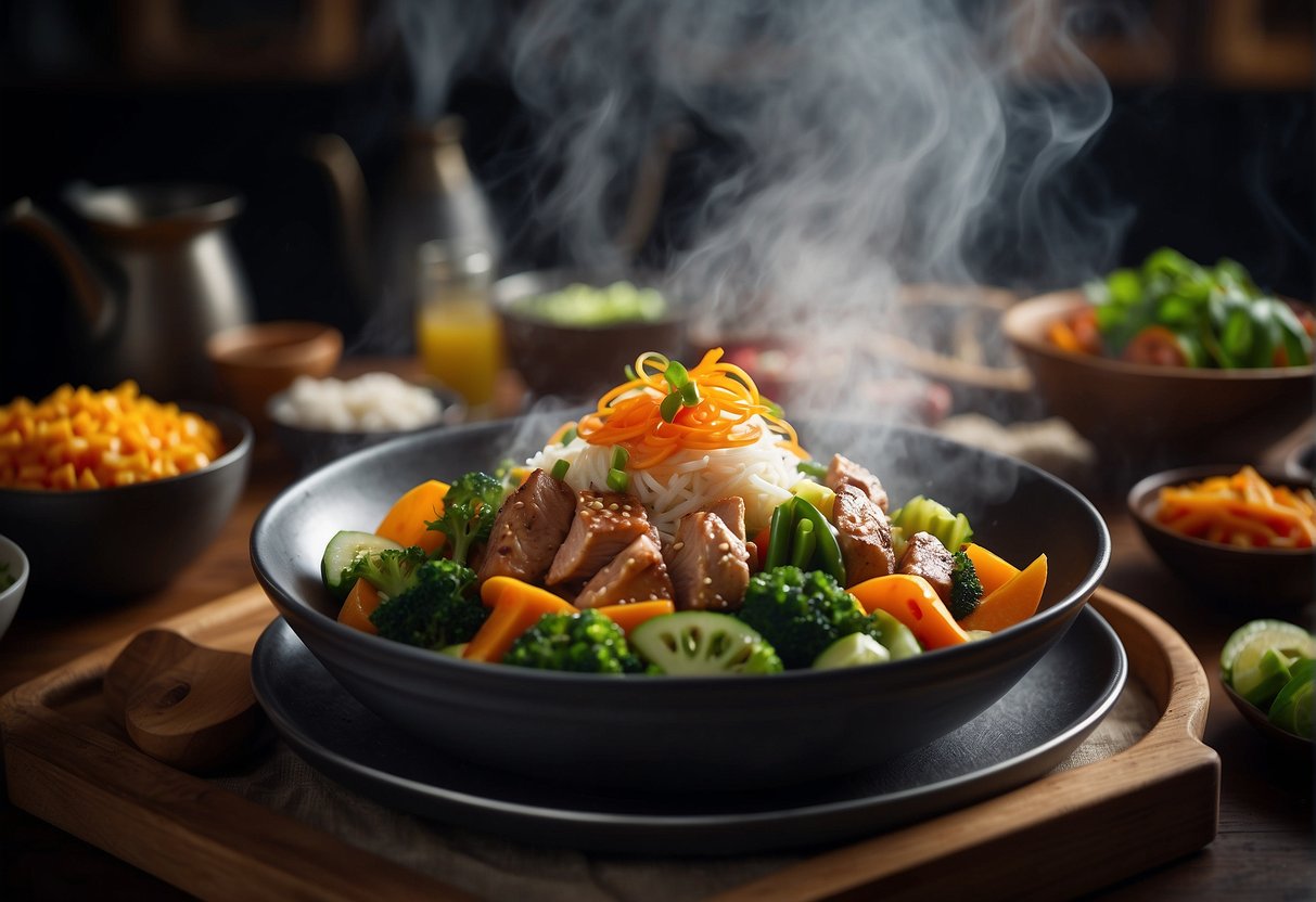 A family dinner table set with colorful, fresh ingredients and easy Chinese recipes, with steam rising from a stir-fry dish and chopsticks ready to serve