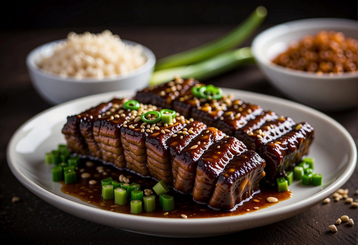 Marinating ribs in soy sauce, hoisin, and spices. Grilling until caramelized. Slicing into bite-sized pieces. Serving with sesame seeds and green onions