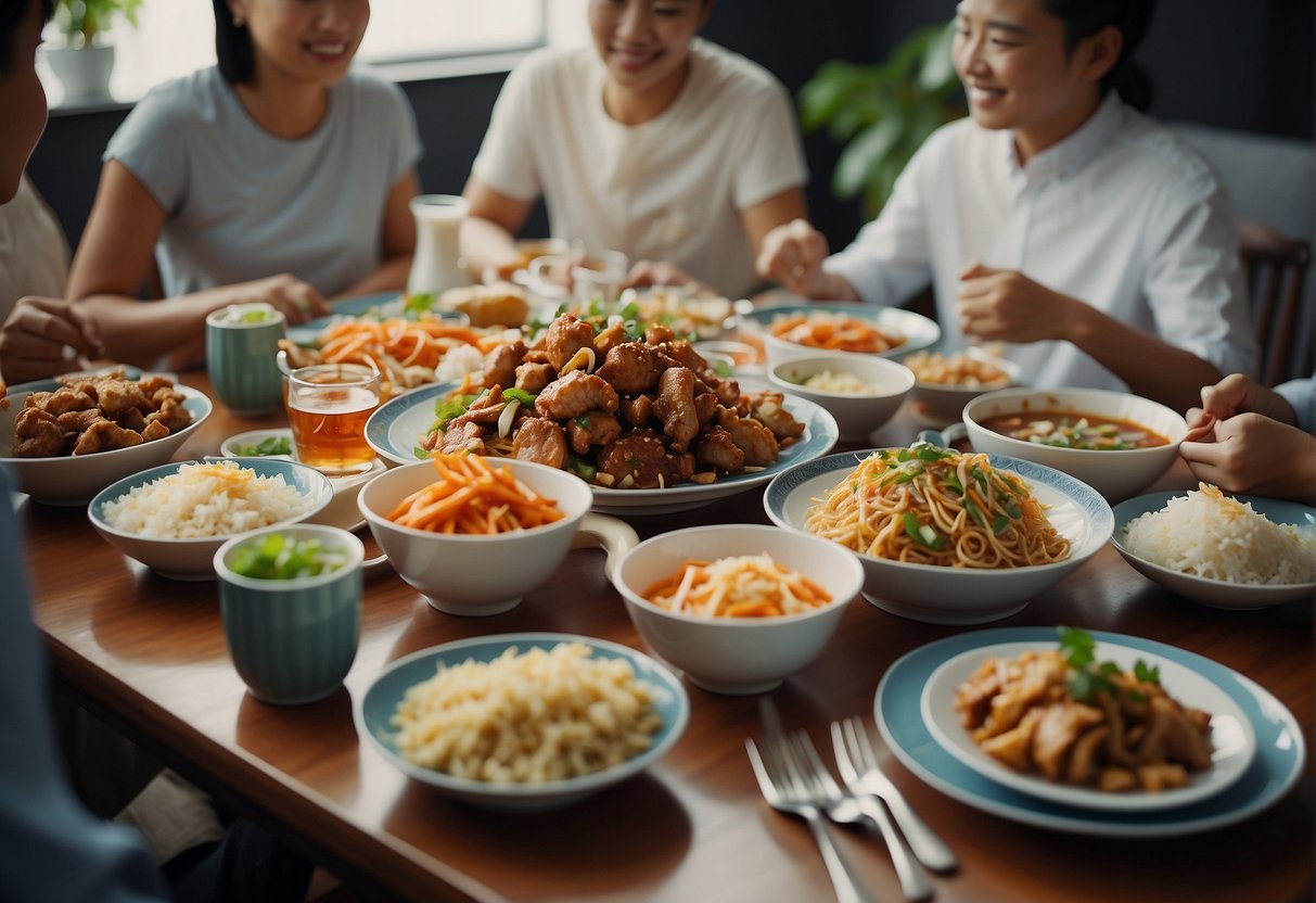 A table set with colorful dishes of Chinese food, surrounded by happy family members enjoying a meal together