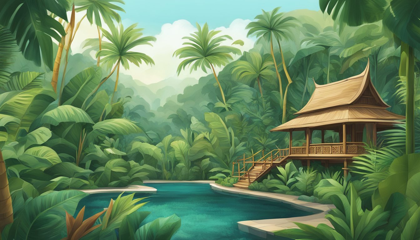 A lush tropical forest backdrop with traditional Indonesian architecture, showcasing indigenous botanical ingredients for skincare brand Indonesia