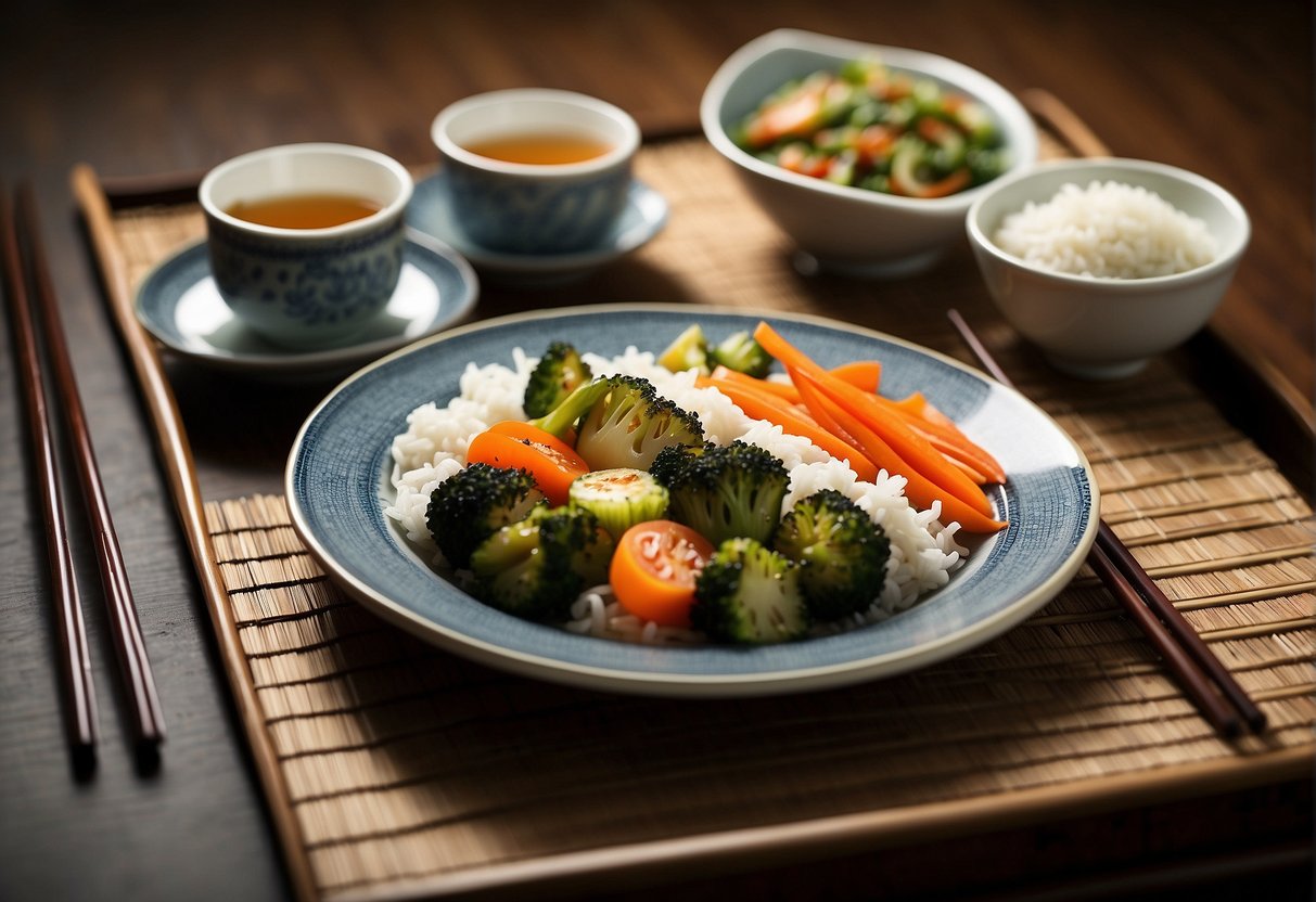 Two plates of stir-fried veggies and steamed rice on a bamboo placemat, with chopsticks and tea set on the side
