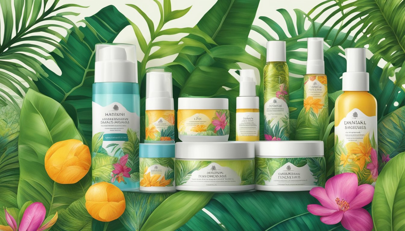 A vibrant array of Indonesian skincare products emerges from lush tropical foliage. Brand logos and natural ingredients stand out against a backdrop of traditional batik patterns