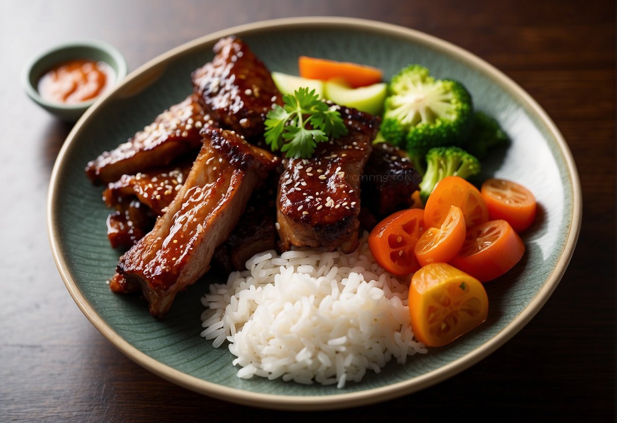 A table set with a plate of Chinese boneless spare ribs, accompanied by a bowl of steamed rice and a side of stir-fried vegetables