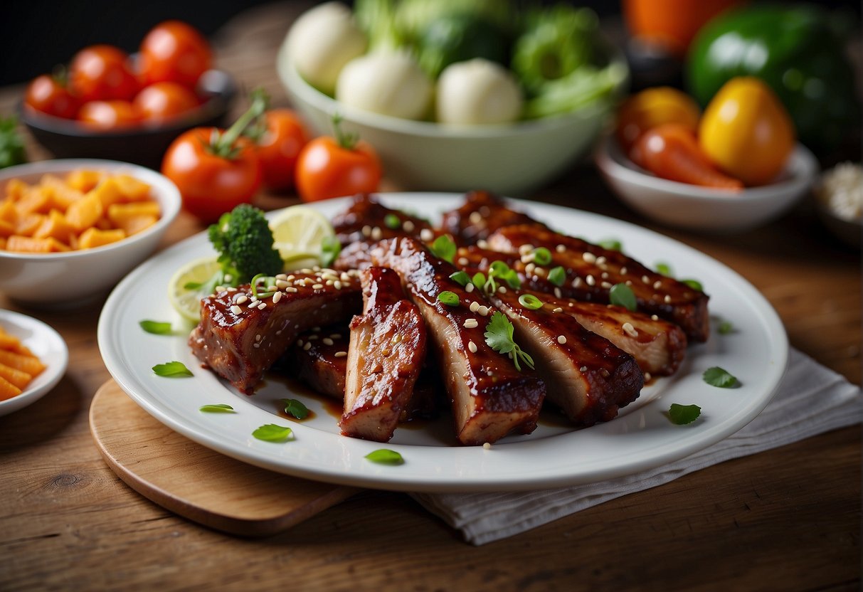 A table with a plate of Chinese boneless spare ribs, surrounded by various vegetables and a nutrition label