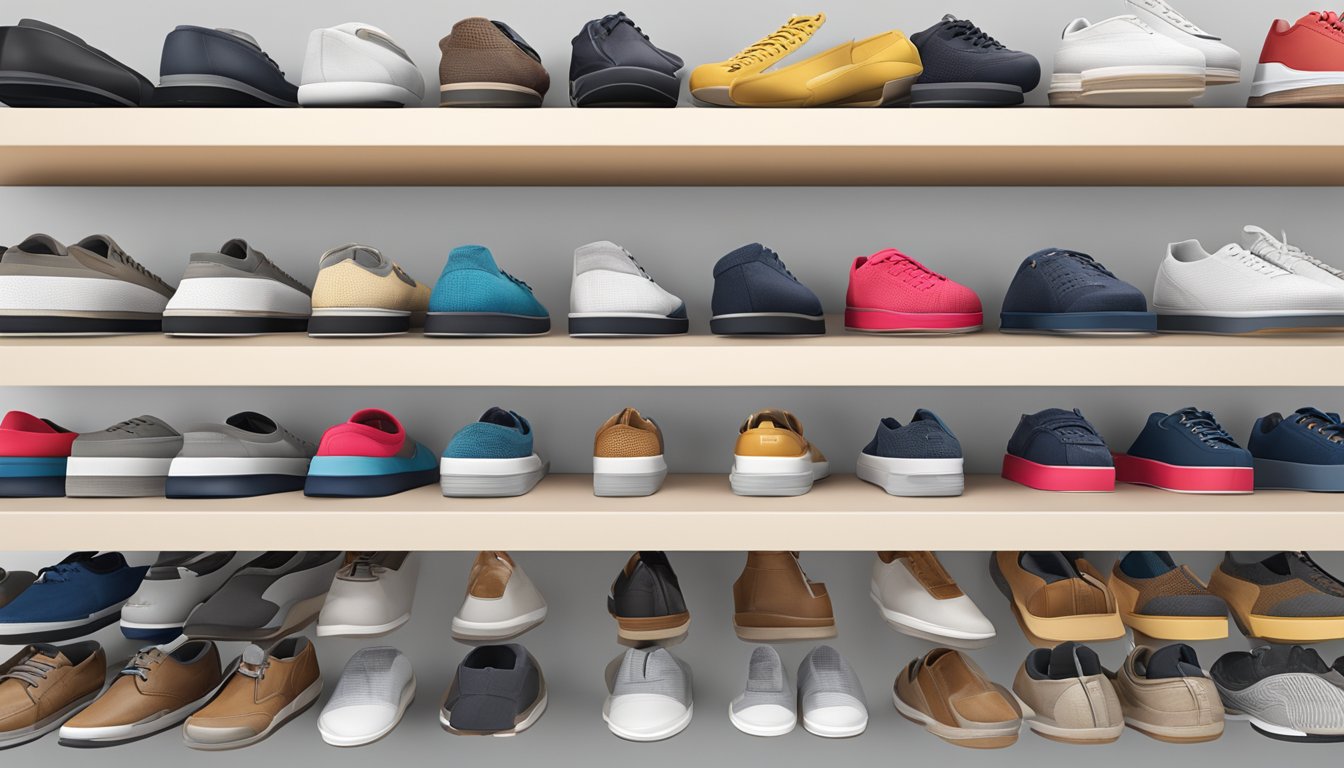 A collection of slip-resistant shoe brands lined up on a sleek, modern display shelf, each pair showcasing their unique designs and features